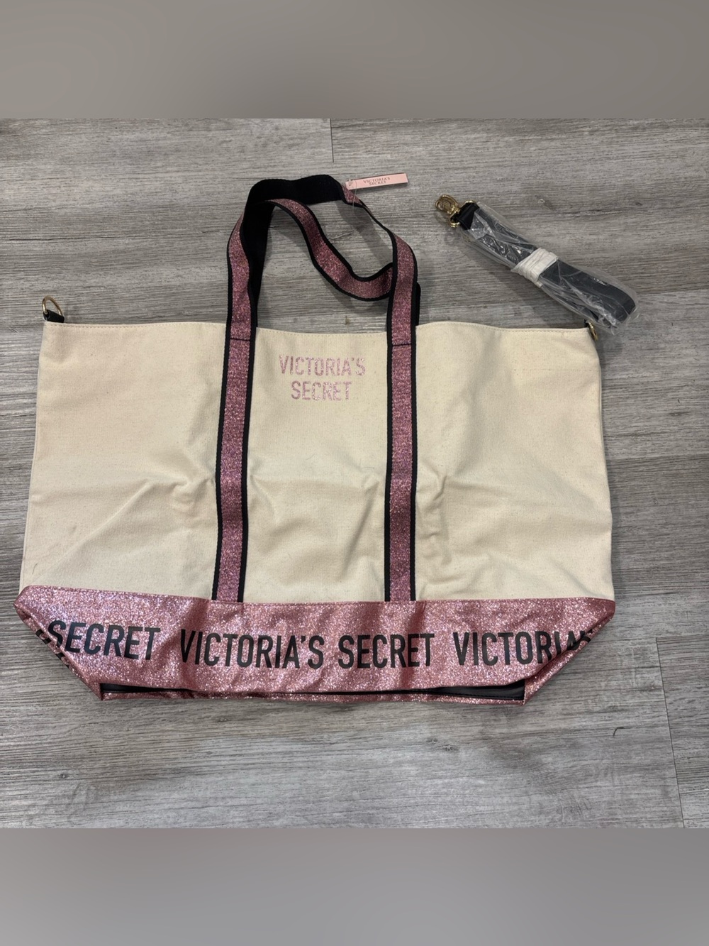 Victoria's Secret Cream Tote with Pink Glitter Trim new travel canvas bag gym